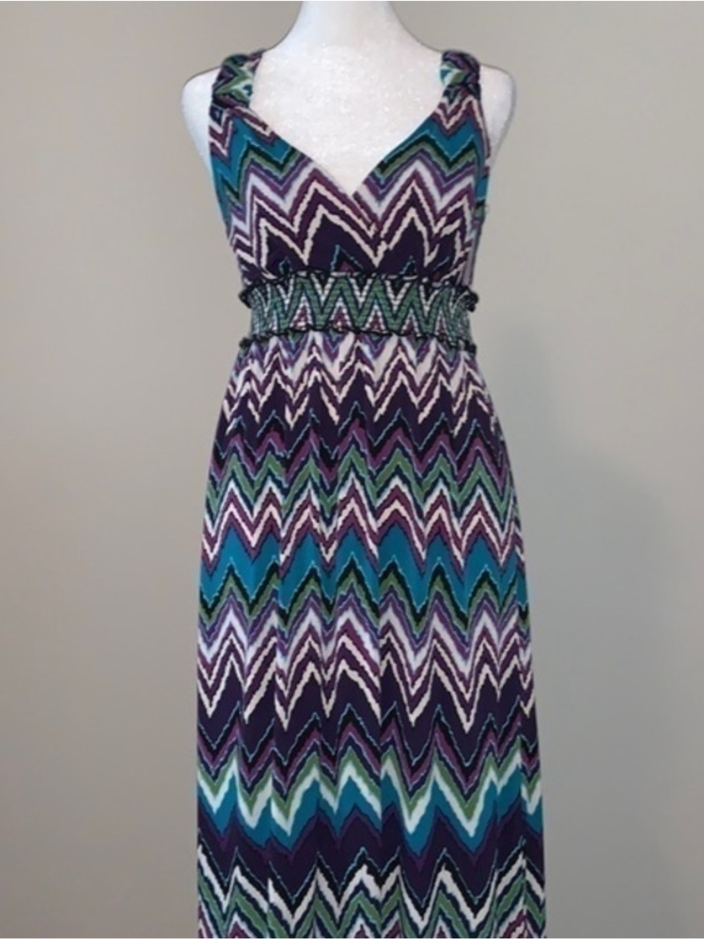 New Directions Chevron Smocked-Waist Maxi Dress in Teal, Purple & White